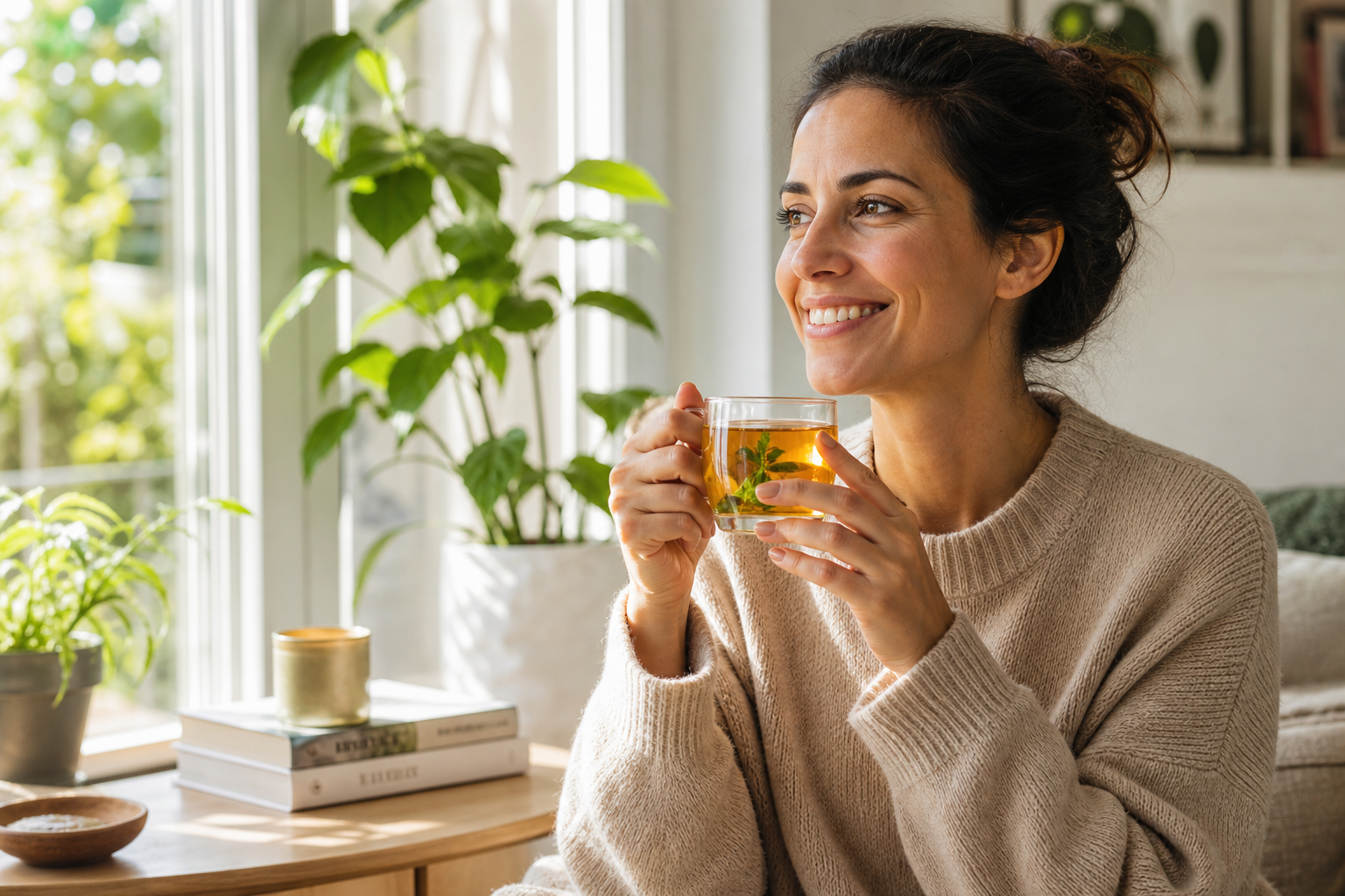 Mujer disfrutando una taza de SlimTea