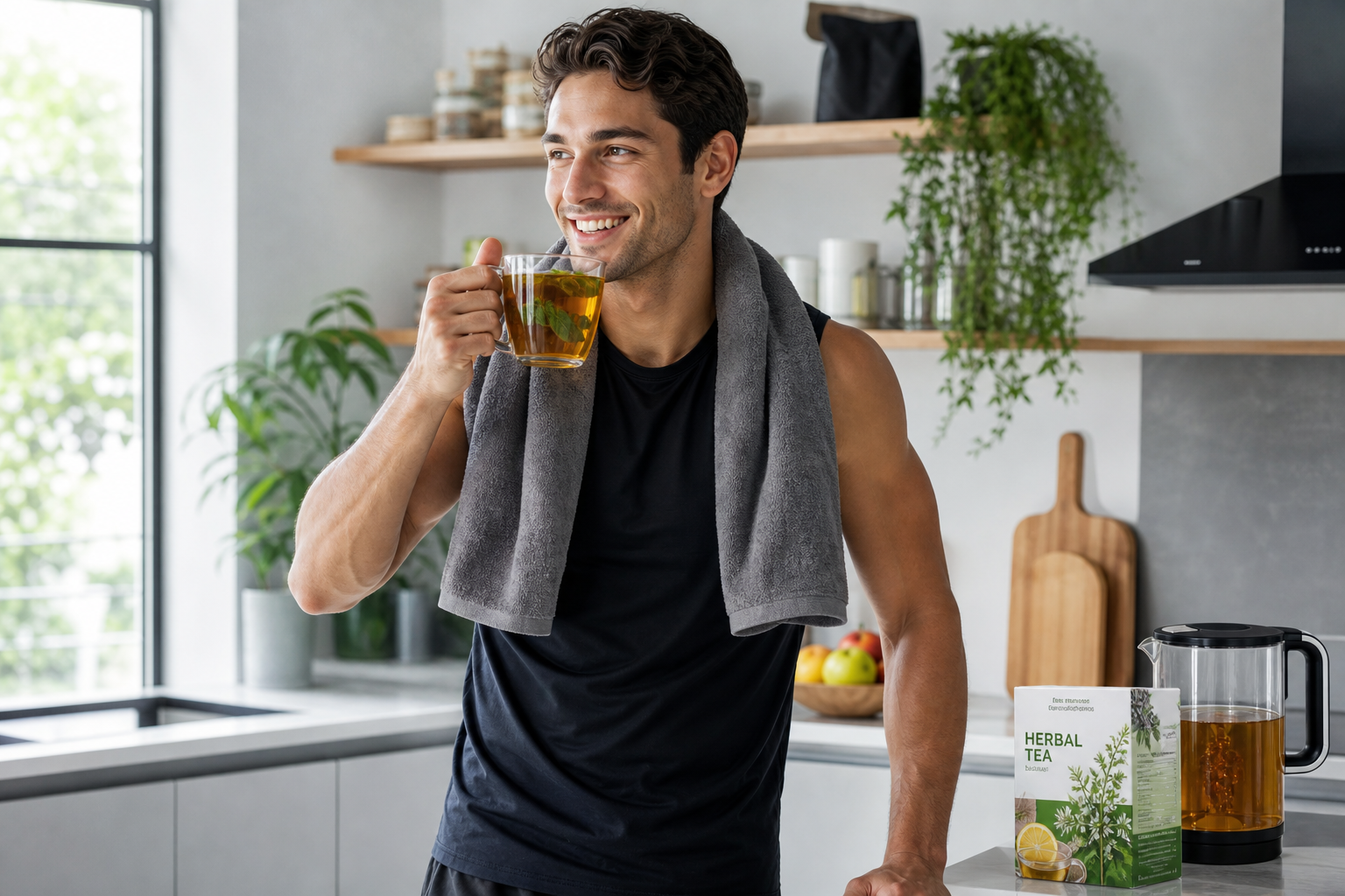 Hombre tomando SlimTea después de entrenar